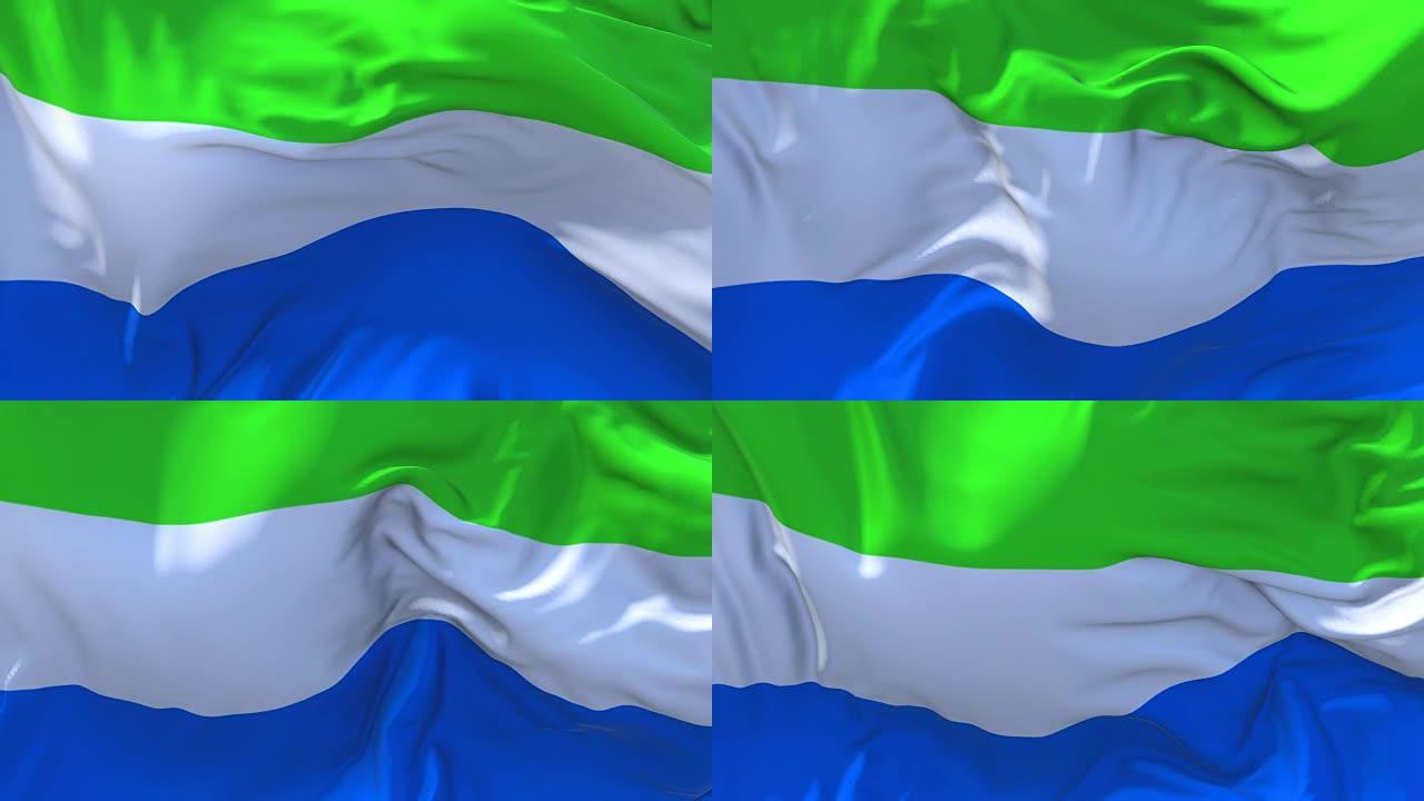 塞拉利昂国旗迎风飘扬的慢动作动画。4K逼真的织物纹理旗帜平稳吹在一个刮风的日子连续无缝循环背景。