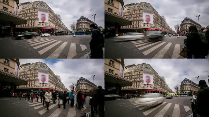 延时: 拥挤的行人Haussmann Boulevard Opera Lafayette巴黎