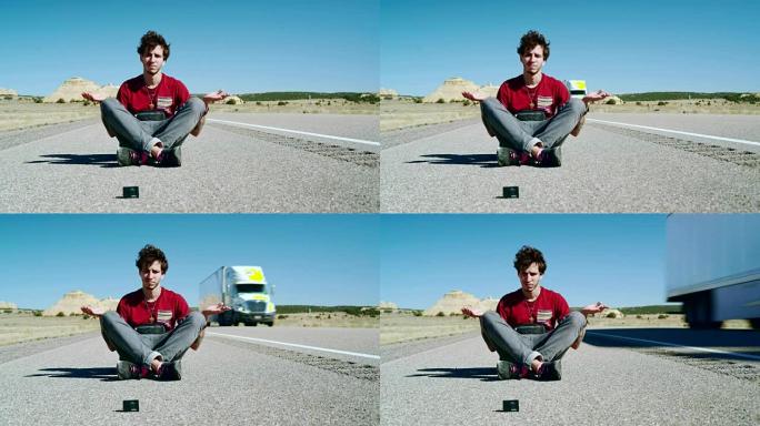 30岁的潮人vlogger坐在美国犹他州的高速公路上时，在动作摄影机前摆姿势。