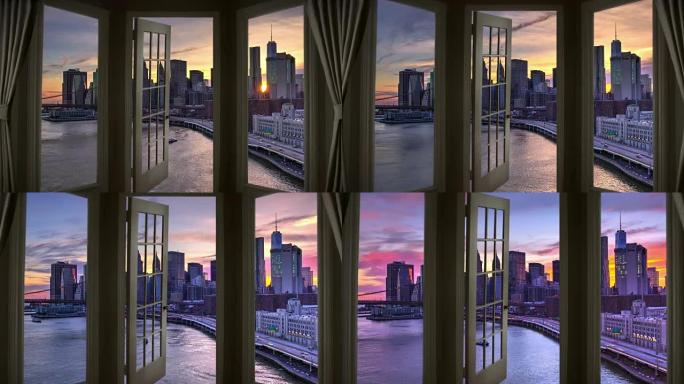 纽约曼哈顿时光流逝城市景观门日落