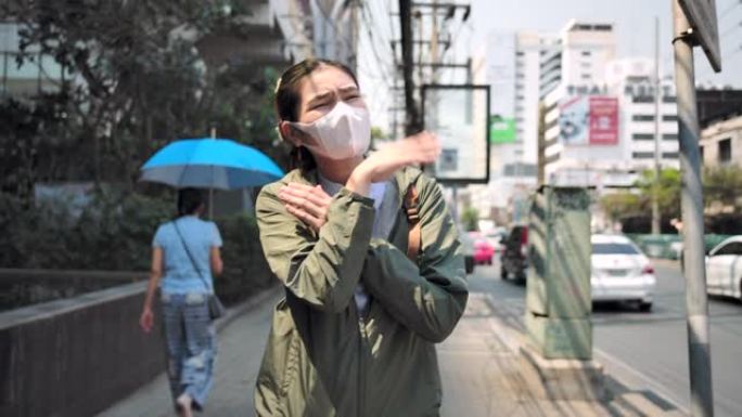 4k亚洲女性戴着鼻罩，防止空气中PM 2.5灰尘和新型冠状病毒肺炎病毒。