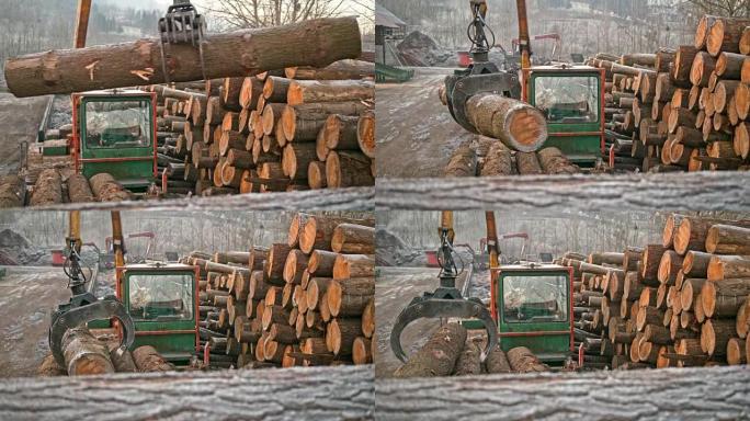 起重机在木材厂周围移动原木
