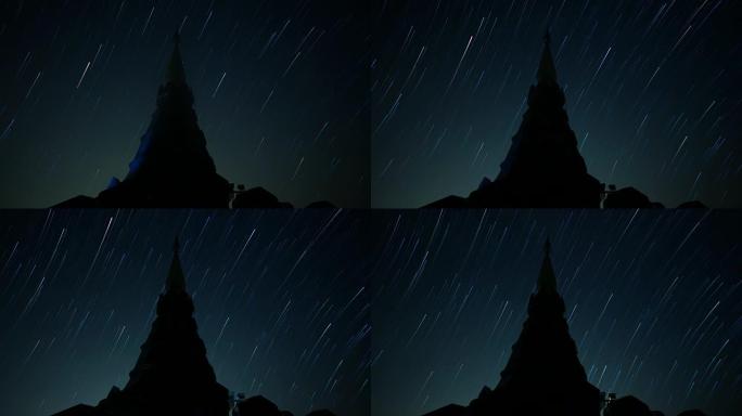 夜空上带有前景宝塔的延时星星轨迹。