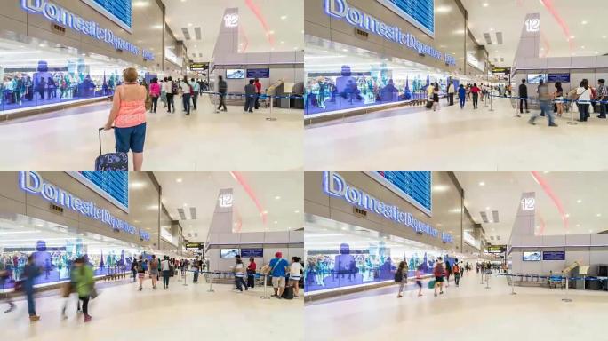 延时: 旅客在机场出发登机大厅拥挤