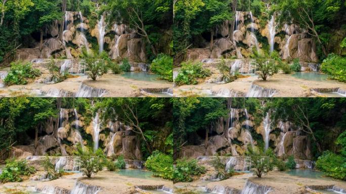 老挝琅勃拉邦美丽的Tat Kuang Si瀑布的延时