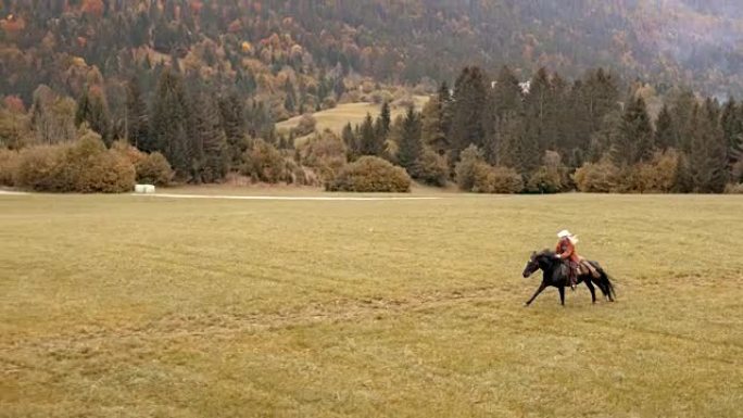 空中女子骑着奔腾的马穿过草地