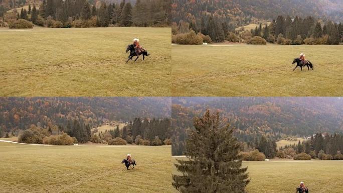 空中女子骑着奔腾的马穿过草地