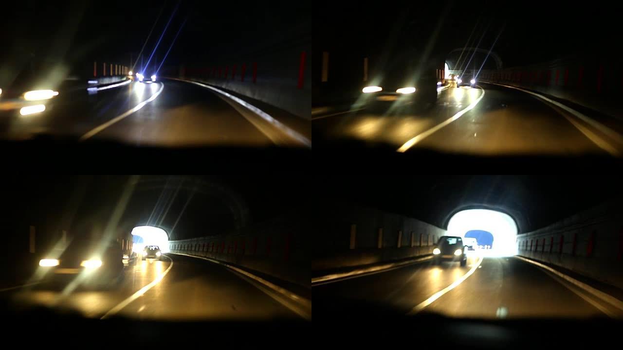 车灯在隧道中行驶