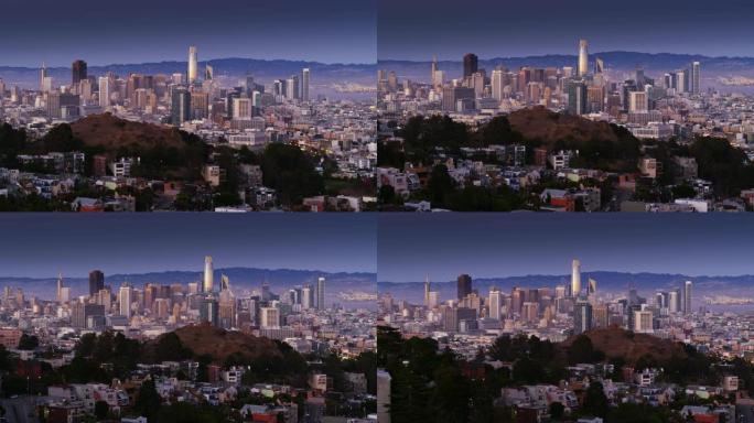 旧金山暮光之城的山丘和摩天大楼-空中