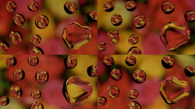 花在水珠玻璃下旋转，五彩斑斓的艺术抽象