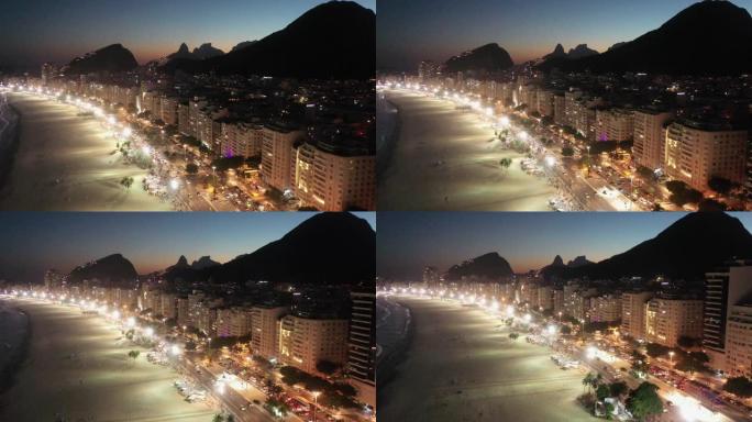 里约热内卢夜间科帕卡巴纳海滩鸟瞰图
