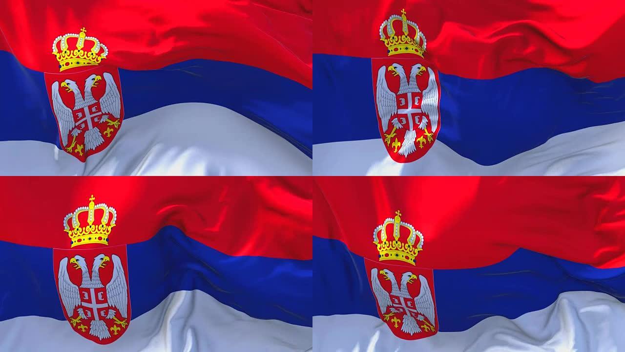 塞尔维亚国旗迎风飘扬的慢动作动画。4K逼真的织物纹理旗帜平稳吹在一个刮风的日子连续无缝循环背景。