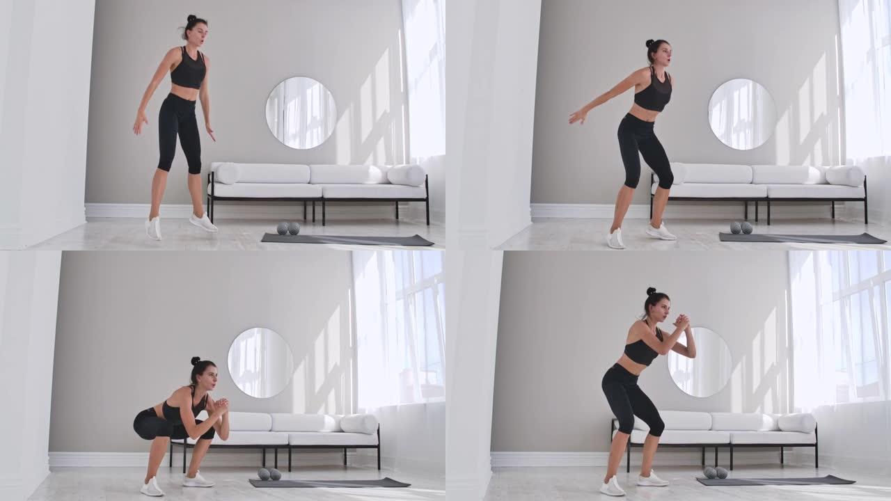 女人在家里练习跳跃深蹲。穿着运动服的健康女性在家跳深蹲。女人在客厅锻炼。