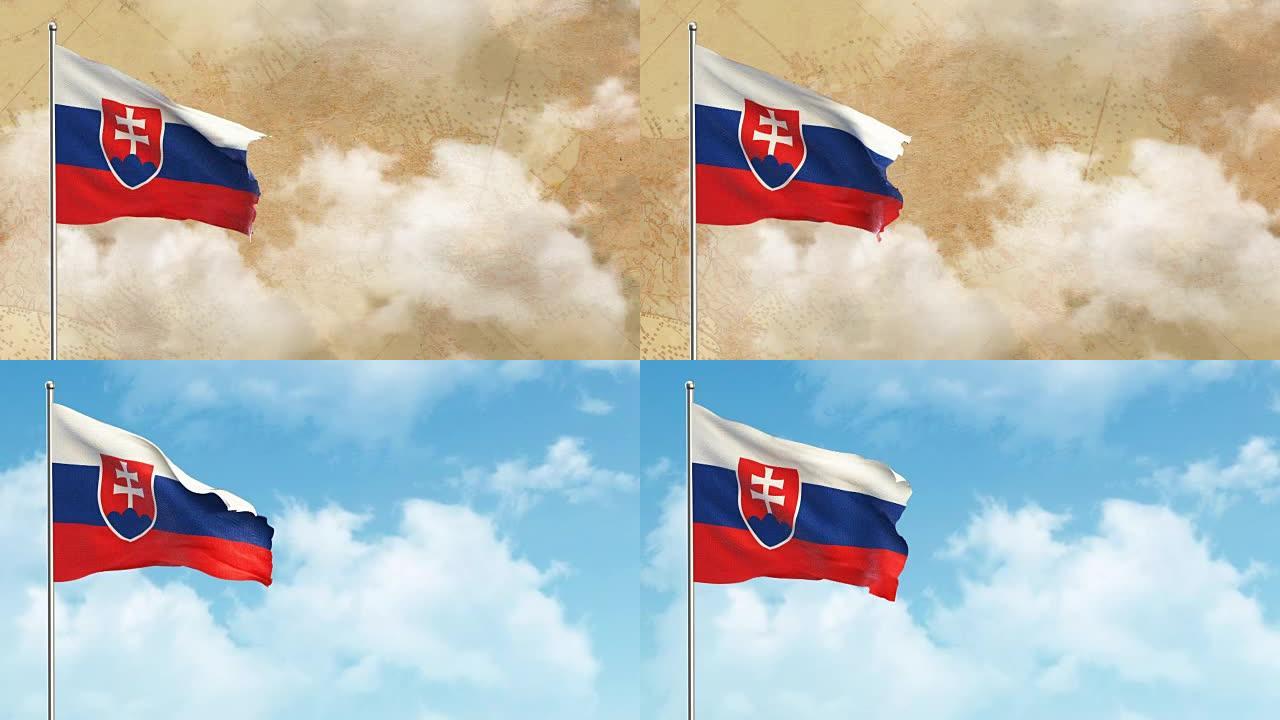 3D旗帜的历史背景，然后蓝天背景