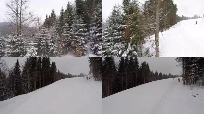从滑雪缆车观看。冬季森林和滑雪场。