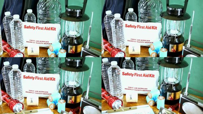 应急准备自然灾害物资。水、手电筒、灯笼、收音机、电池、急救箱。