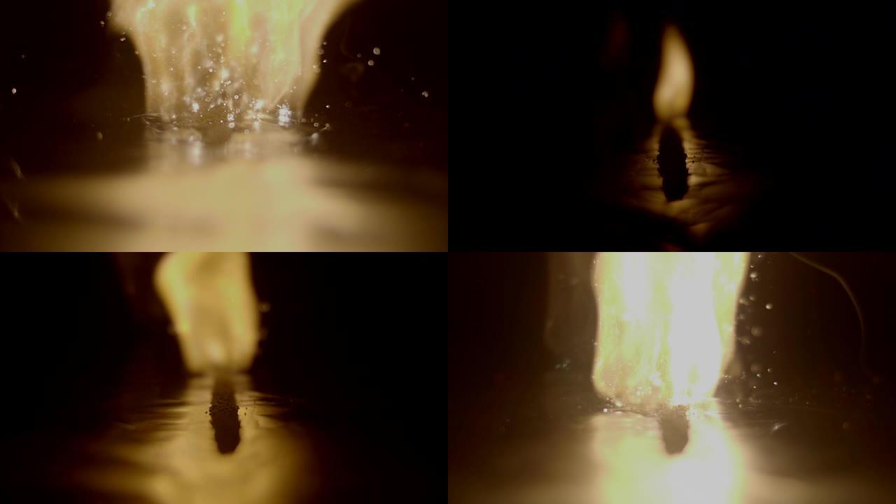 火药路径在反射表面上明亮燃烧，许多火花飞扬