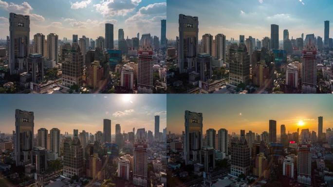 泰国曼谷市中心沙吞路商业中心曼谷天际线和日落天空摩天大楼的日夜鸟瞰图