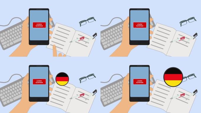 2D动画，高加索人手触摸学习用英语书写的德语标志，出现德国国旗的标志。外语，教育，学习。
