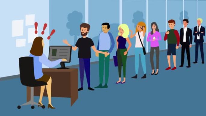 2D动画，女上班族坐在电脑前，愤怒的排队排队。在公共当局总部或旅行社处理问题的人感到不满。