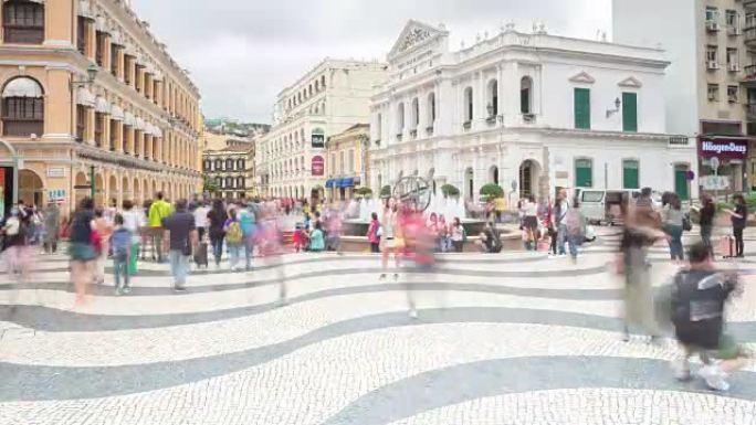 4k时间流逝: 澳门历史街区的景色，澳门曾经是葡萄牙的殖民城市，现在是旅游的热门目的地