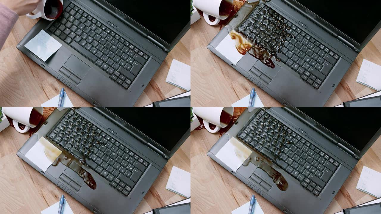 SLO MO LD女性的手打翻一杯茶并将其洒在笔记本电脑上