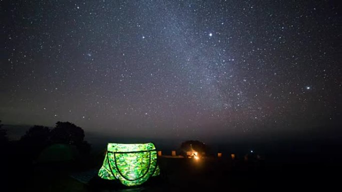 帐篷在充满星星的夜空下发光