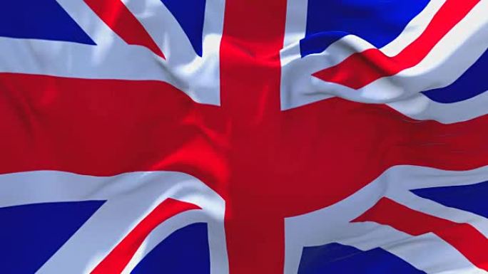 英国国旗迎风飘扬的慢动作动画。4K逼真的织物纹理旗帜平稳吹在一个刮风的日子连续无缝循环背景。