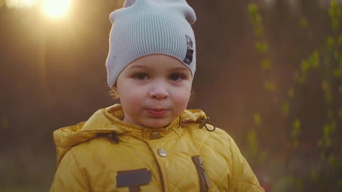慢动作: 穿着黄色外套的小男孩坐在阳光下的森林中探索周围的世界。在林地里尽情享受和欢笑。在大自然的公