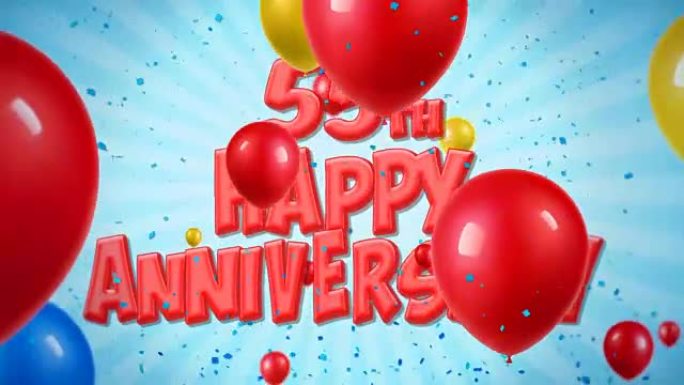 第55周年快乐红色文字出现在五彩纸屑爆炸坠落和闪光颗粒上，彩色飞行气球无缝循环动画，用于祝福问候、派