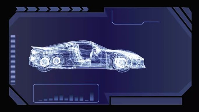 3D动画，屏幕上的图形显示为汽车的半透明全息图。虚拟现实、游戏、赛车的概念。