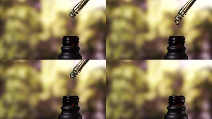 油滴从移液器掉落到具有正确成分的瓶子中