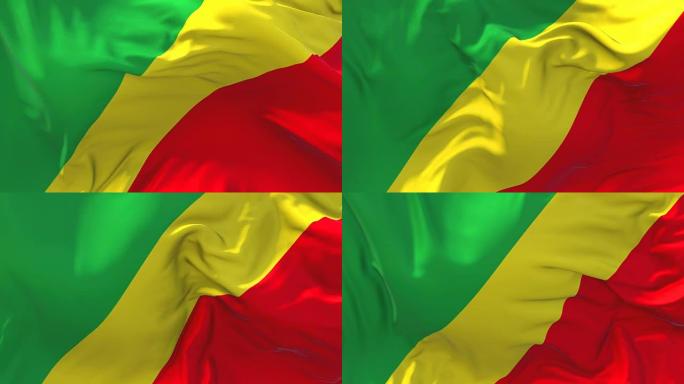 刚果共和国国旗迎风飘扬的慢动作动画。4K逼真的织物纹理旗帜平稳吹在一个刮风的日子连续无缝循环背景。