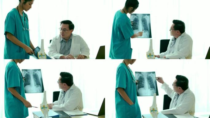 医生和女护士观看x光片