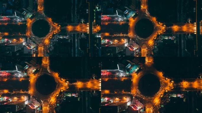 时光倒流，环形交叉路口的鸟瞰图