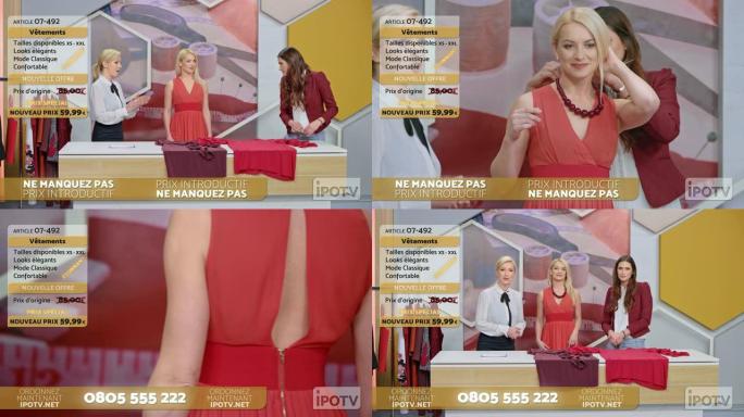 法语中的商业广告蒙太奇: 电视节目中的造型师谈论模特所穿的衣服，并在与女主持人交谈时在脖子上放了一条