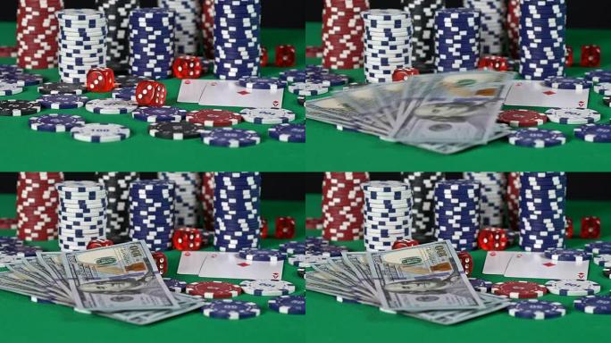 赌场赢钱，赢牌手，王牌，扑克背景。慢动作