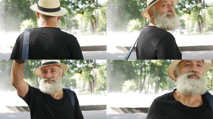 一个大胡子的老人转身微笑着某人
