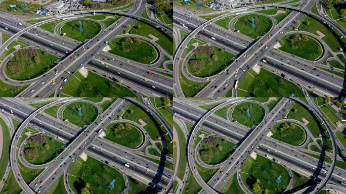 莫斯科高速公路交叉口交通步道的鸟瞰图。