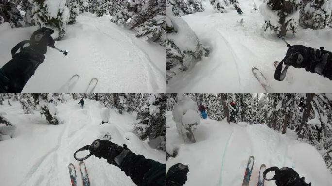 穷乡僻壤滑雪者下降粉状高山坡的第一人称视角