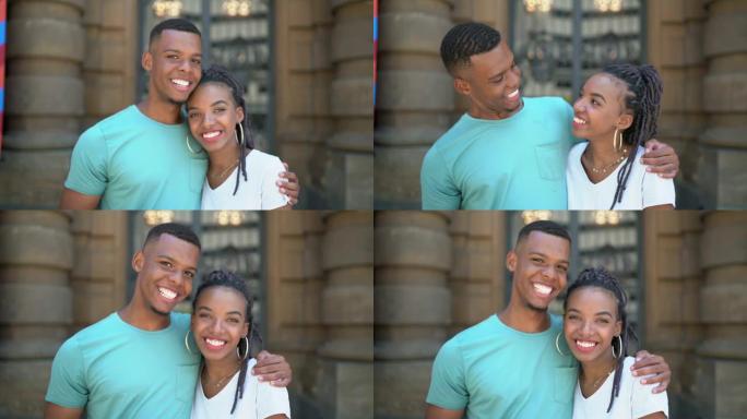 城市中的非洲拉丁年轻夫妇肖像