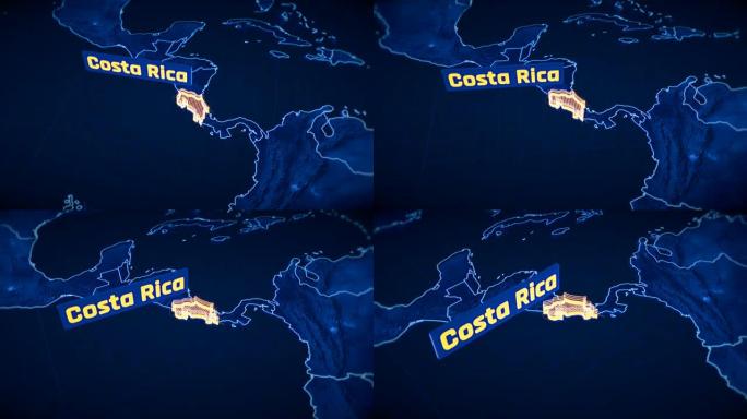 哥斯达黎加国家边界3D可视化，现代地图轮廓，旅行