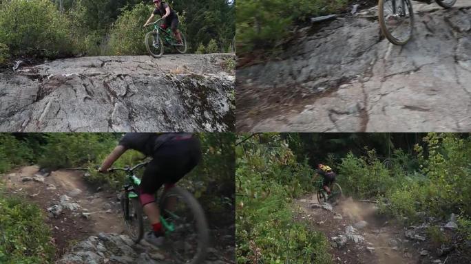 男性山地自行车手下降陡峭的岩板