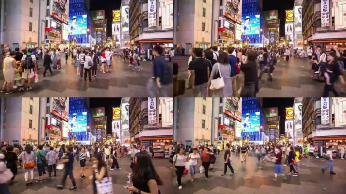 日本大阪道顿堀周围人群的时间流逝。