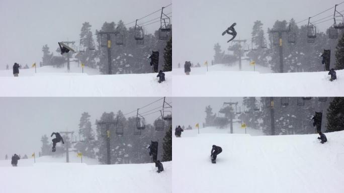 穿着完整的冬季装备的单板滑雪者的慢动作拍摄完成了一次跳跃的 “野猫后空翻” 技巧，而摄影师则在科罗拉