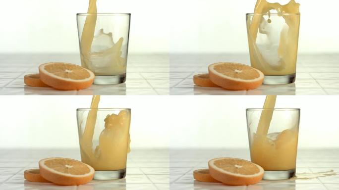 橙汁倒入玻璃中，慢动作