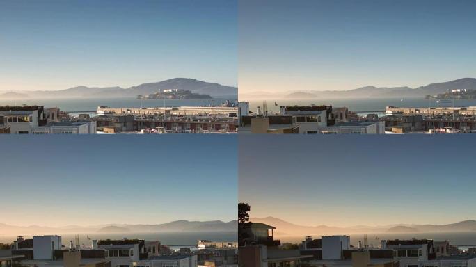 旧金山-日落时平移恶魔岛和海湾景观