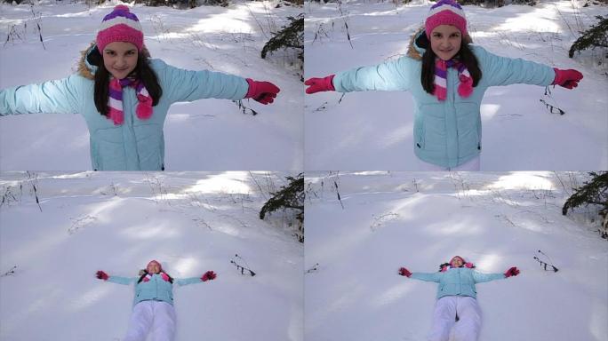 有趣的跌入深雪倒在雪地女子玩雪