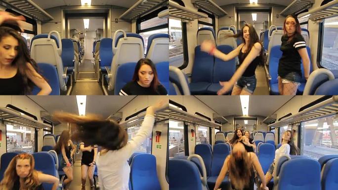 在火车内跳舞嘻哈外国少女劲舞列车