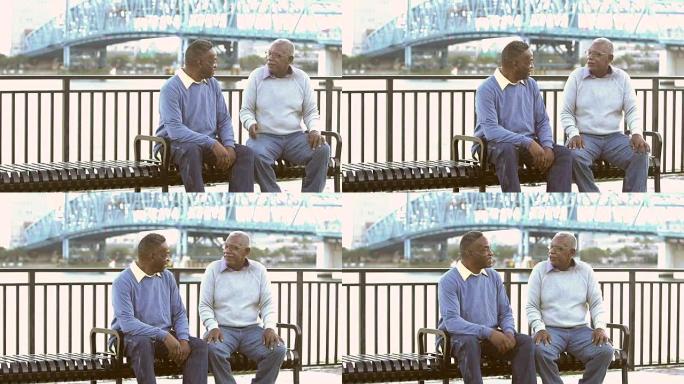 两名高级黑人在公园长椅上聊天